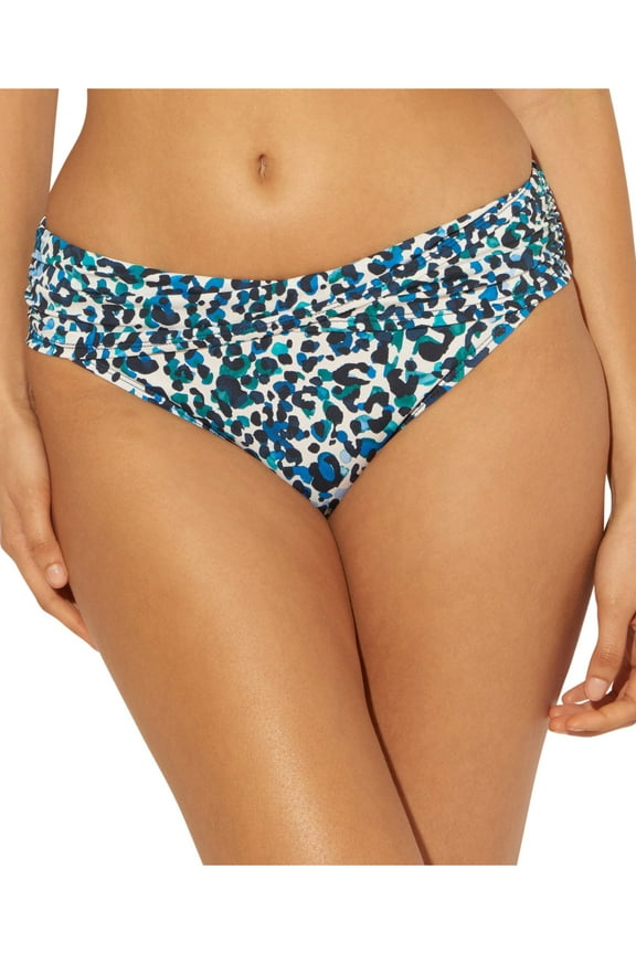 BLEU Women's Navy Animal Print Stretch Crossover Front Sarong Full Coverage Hipster Swimsuit Bottom 8