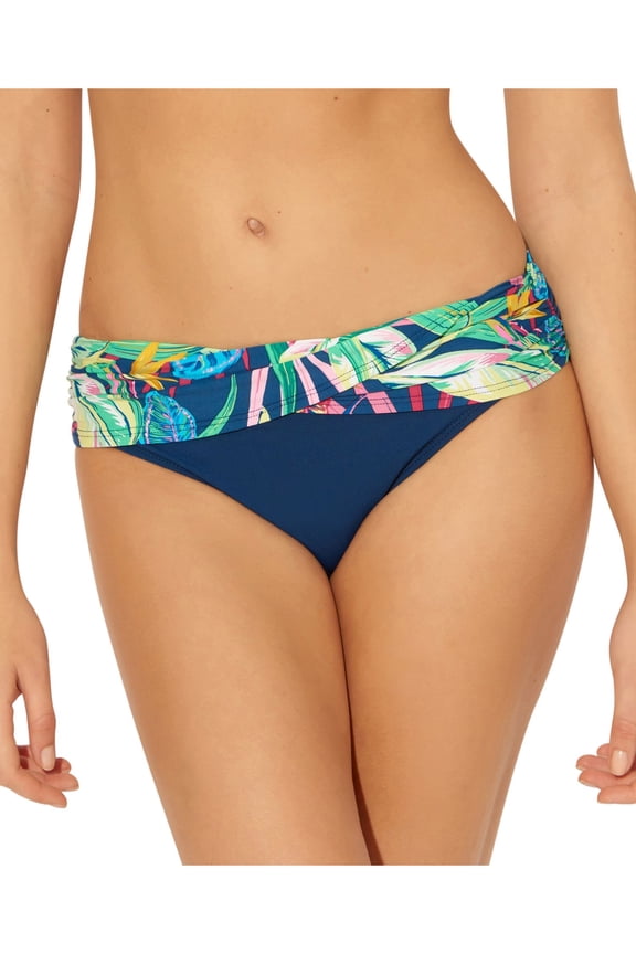 BLEU Women's Navy Printed Stretch Foldover Waist Sarong Lined Full Coverage Shirred It Hipster Swimsuit Bottom 10