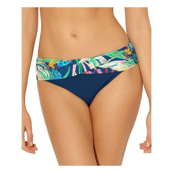 BLEU Women's Navy Printed Stretch Foldover Waist Sarong Lined Full Coverage Shirred It Hipster Swimsuit Bottom 14