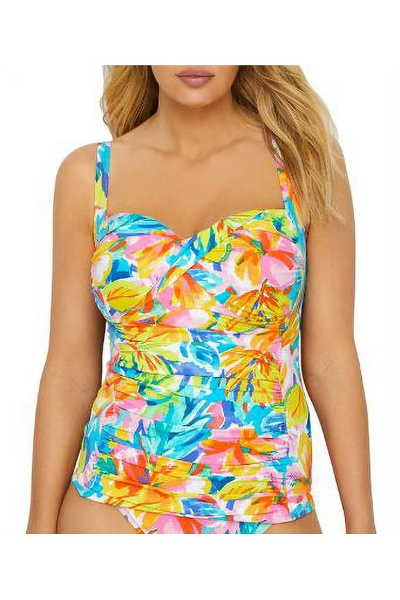 BLEU Women's White Floral Stretch Fixed Cups Adjustable Lined Twist Front Sweetheart Tankini Swimsuit Top 8 D