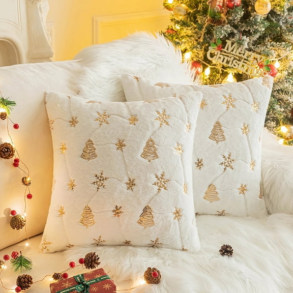 BLEUM CADE 2 Pack Christmas Pillow Covers 18 x 18 inches,Gold Sequin Xmas Tree Snowflake Pillowcases,Plush Christmas Decorations Indoor Cushion Pillow Covers,White