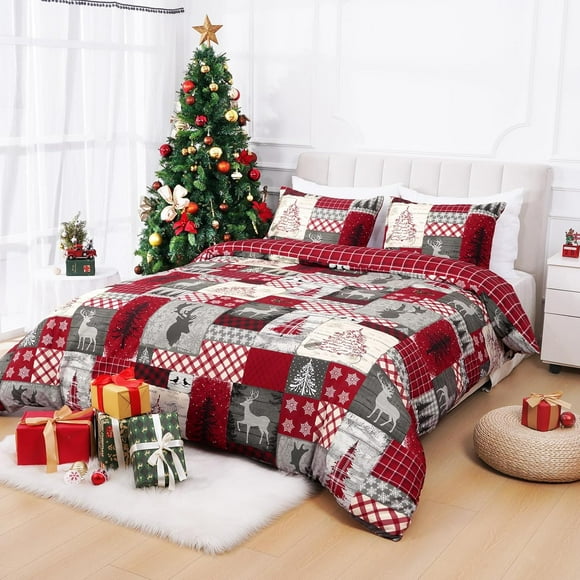 BLEUM CADE 3 Piece Christmas Duvet Cover Queen Set - Soft Double Brushed Retro Queen Duvet Cover with Zipper Closure, Red Buffalo Plaid Comforter Cover Set
