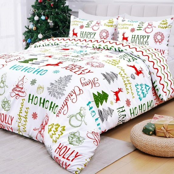 BLEUM CADE 3 Piece Christmas Duvet Cover Queen Size,Xmas Snowman Duvet Cover Set,Holly Jolly Xmas Bedding Set with Zipper Closure Colorful Comforter Cover Set