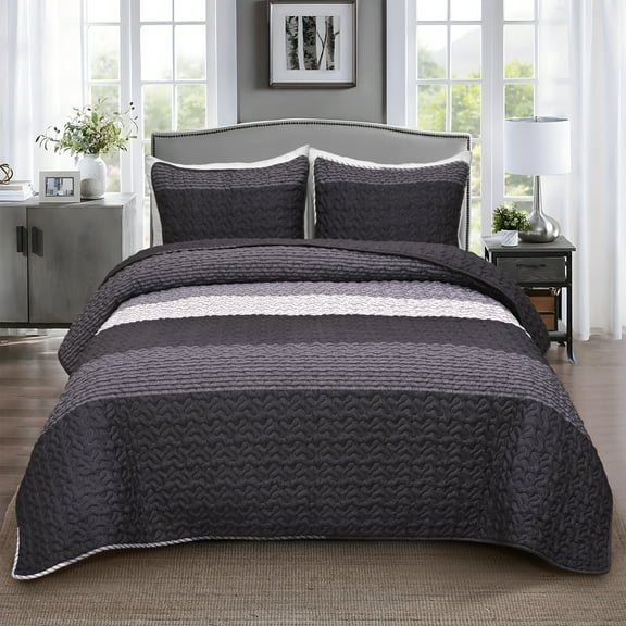 BLEUM CADE 3 Piece Queen Quilt Set with 2 Shams,Purple Gray Lightweight Bedspread for All-Season,Handblock Striped Reversible Quilt Coverlet for Queen Bed
