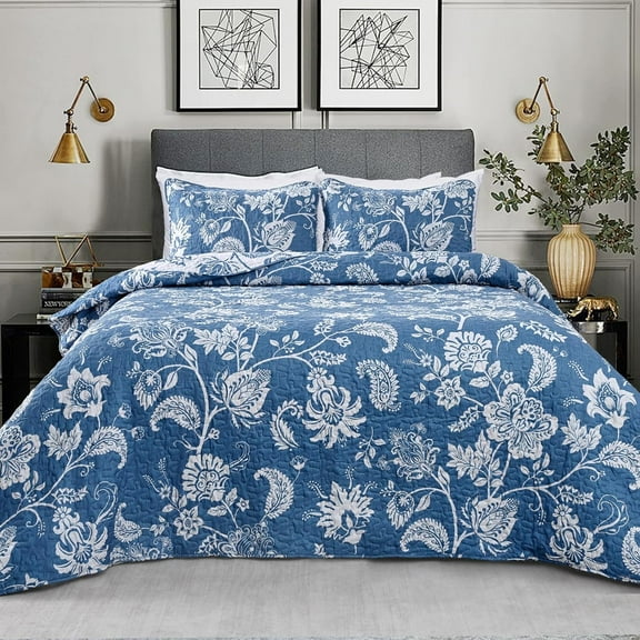 BLEUM CADE 3 Piece Quilt Set Queen Size, Blue Floral Reversible Quilts Bedding, Soft Lightweight Bedspread Coverlet Set(1 Quilt, 2 Pillow Shams)
