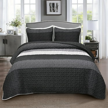 BLEUM CADE 3 Piece Twin Quilt Set with 2 Shams,Black Lightweight Reversible Bedspread for All-Season,Handblock Striped Quilt Coverlet for Twin Bed