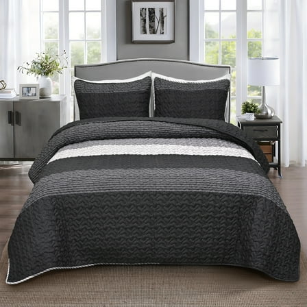 BLEUM CADE 3 Piece Twin Quilt Set with 2 Shams,Black Lightweight Reversible Bedspread for All-Season,Handblock Striped Quilt Coverlet for Twin Bed