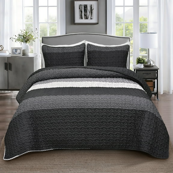 BLEUM CADE 3 Piece Twin Quilt Set with 2 Shams,Black Lightweight Reversible Bedspread for All-Season,Handblock Striped Quilt Coverlet for Twin Bed