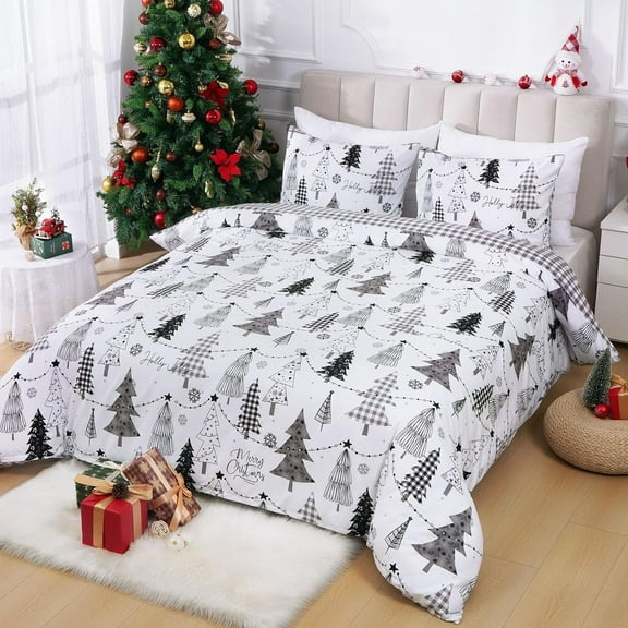 BLEUM CADE 3 Pieces Christmas Duvet Cover Set,Queen Size Christmas Tree Lightweight Comforter Cover Set,Reversible Christmas Snowflake Bedding Cover Quilt Set