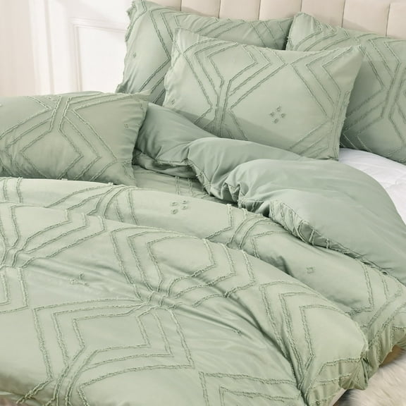 BLEUM CADE 3 Pieces Comforter Set Queen Size Soft Breathable Duvet Cover Set,Tufted Geometric Bed Comforter Cover Set,Green