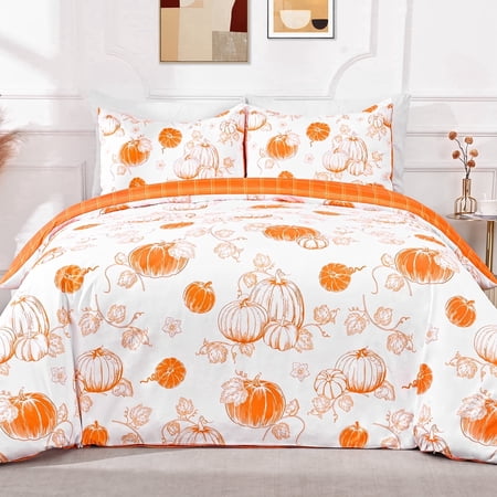 BLEUM CADE 3 Pieces Fall Duvet Cover Set,Queen Size Thanksgiving Pumpkins Lightweight Comforter Cover Set,Buffalo Plaid Reversible Bedding Cover Quilt Set