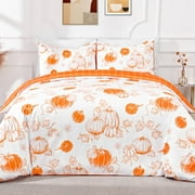 BLEUM CADE 3 Pieces Fall Duvet Cover Set,Queen Size Thanksgiving Pumpkins Lightweight Comforter Cover Set,Buffalo Plaid Reversible Bedding Cover Quilt Set