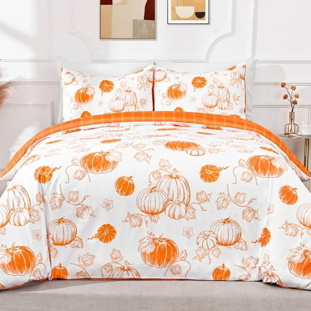 BLEUM CADE 3 Pieces Fall Duvet Cover Set,Queen Size Thanksgiving Pumpkins Lightweight Comforter Cover Set,Buffalo Plaid Reversible Bedding Cover Quilt Set