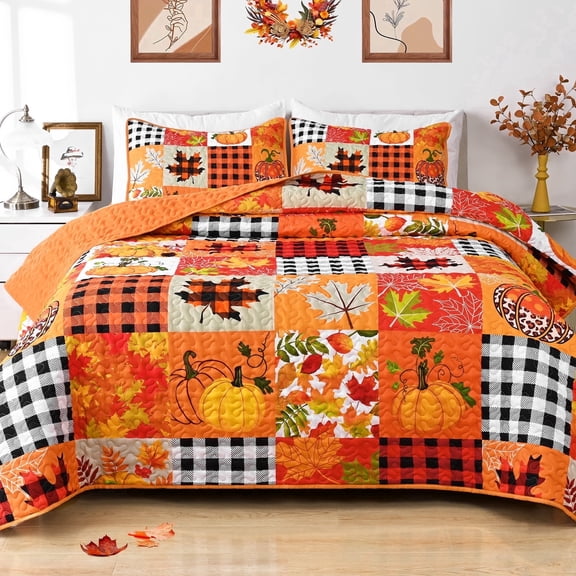 BLEUM CADE 3 Pieces Fall Quilt Set Queen Size, Thanksgiving Pumpkin Maple Leaves Plaid Bedding Set , Soft Lightweight Bedspread Coverlet Set Queen
