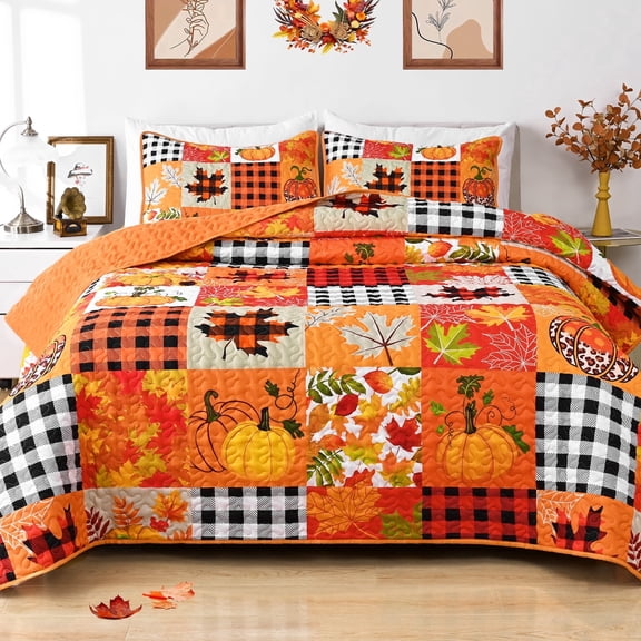 BLEUM CADE 3 Pieces Fall Quilt Set Queen Size, Thanksgiving Pumpkin Maple Leaves Plaid Bedding Set , Soft Lightweight Bedspread Coverlet Set Queen