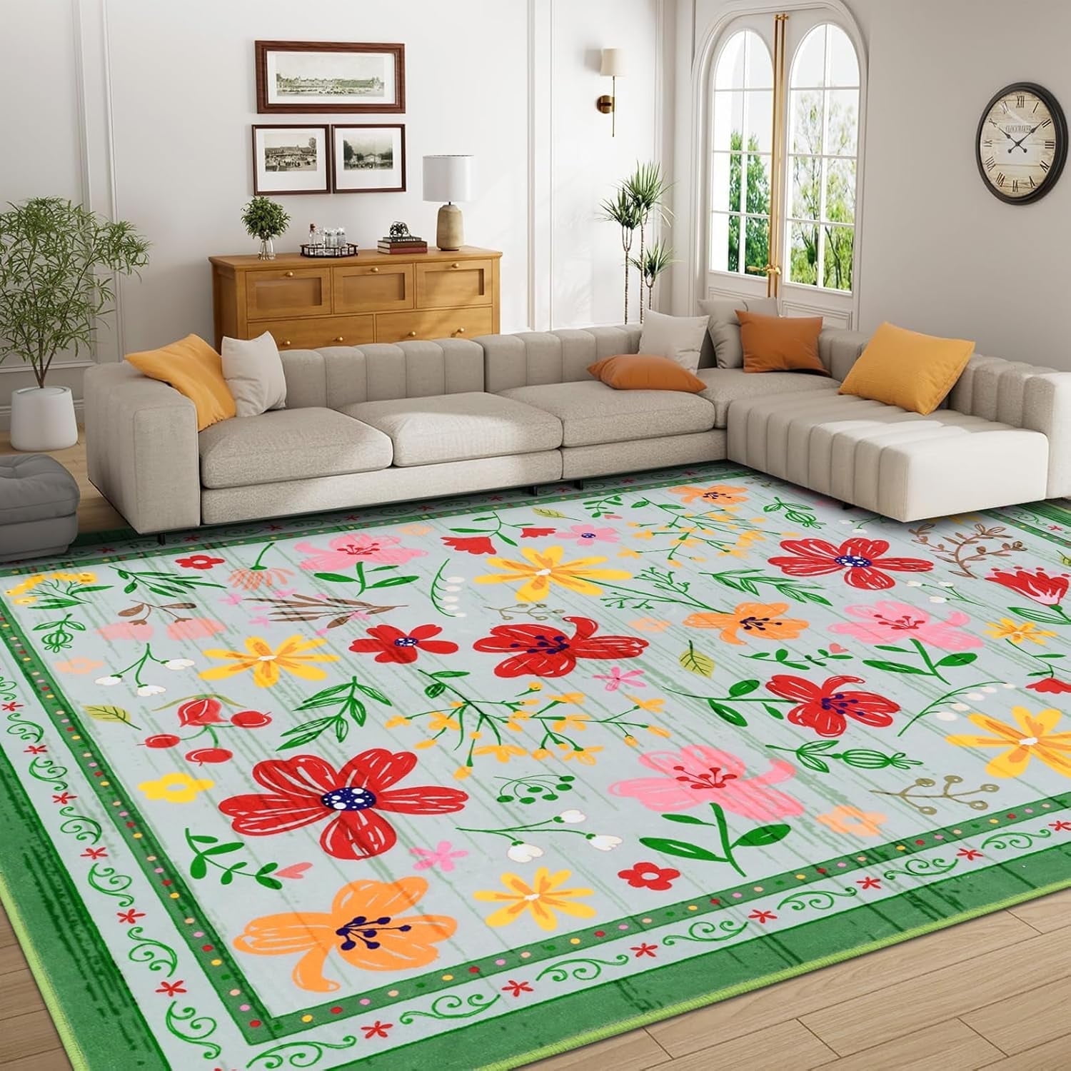 BLEUM CADE 5x7 Area Rug, Floral Rugs for Living Room, Lightweight Non Slip Washable Rug, Indoor Low Pile & Non-Shedding Vintage Rugs Carpet for Bedroom, Living Room, Dining Room, Green