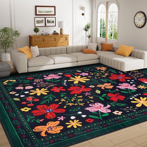 BLEUM CADE 5x7 Area Rug, Floral Rugs for Living Room, Lightweight Non Slip Washable Rug, Indoor Low Pile & Non-Shedding Vintage Rugs Carpet for Bedroom, Living Room, Dining Room, Black