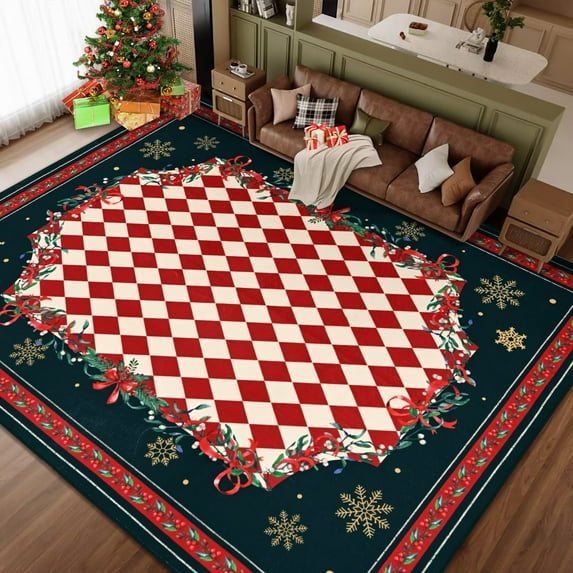 BLEUM CADE 8'x10' Christmas Area Rugs for Living Room, Washable Rugs for Bedroom Dinning Room,Red Checkered Rug Ultra Soft Non Slip Durable Large Carpet Home Decor