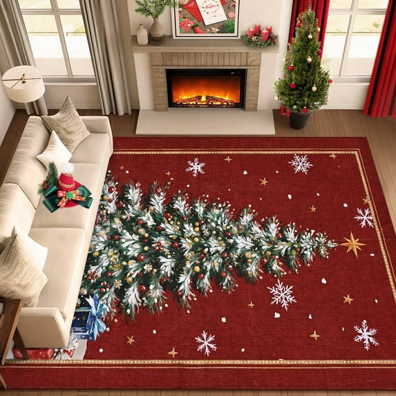 BLEUM CADE 8'x10' Christmas Tree Area Rugs for Living Room, Winter Red Washable Rugs for Bedroom Dinning Room, Ultra Soft Non Slip Durable Large Carpet Christmas Decorations