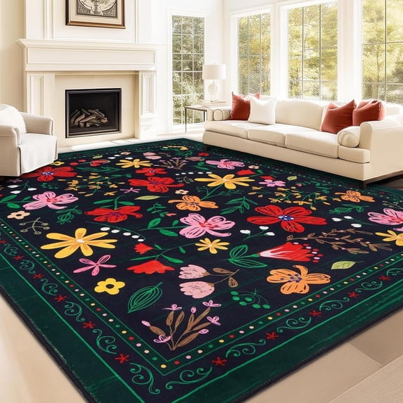 BLEUM CADE 8x10 Area Rug, Floral Rugs for Living Room, Lightweight Non Slip Washable Rug, Indoor Low Pile & Non-Shedding Vintage Rugs Carpet for Bedroom, Living Room, Dining Room, Black