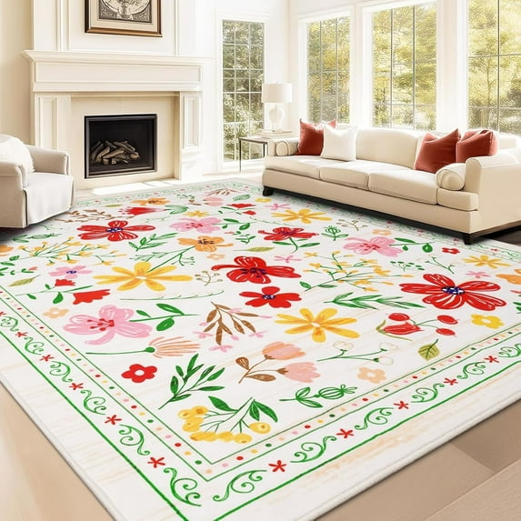 BLEUM CADE 8x10 Area Rug, Floral Rugs for Living Room, Lightweight Non Slip Washable Rug, Indoor Low Pile & Non-Shedding Vintage Rugs Carpet for Bedroom, Living Room, Dining Room, White
