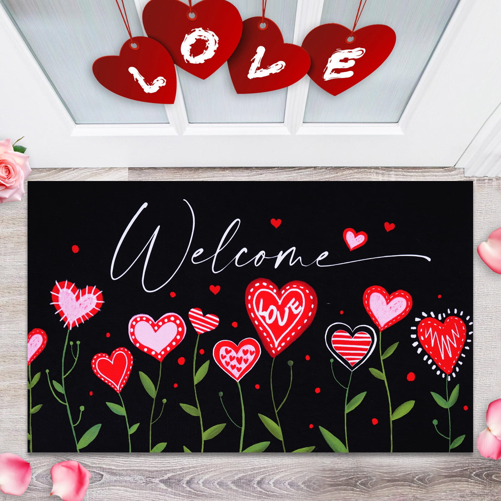 BLEUM CADE Valentine's Day Welcome Mat,Red Heart Flower Outdoor Doormat for Entrance Door Mat with Rubber Backing,18'' x 30''