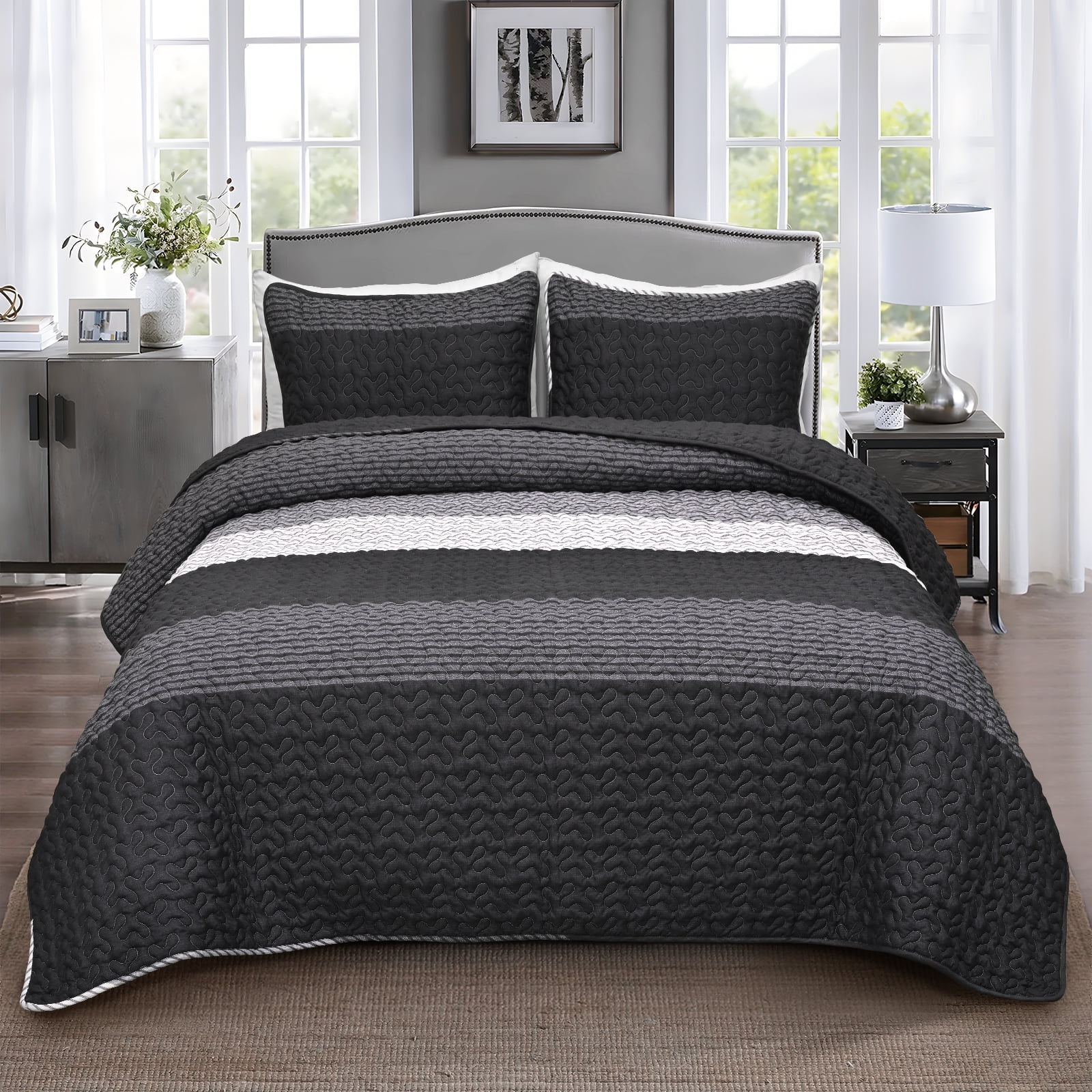 BLEUM CADE Black Quilt Set for King Bed,3 Pieces Lightweight Reversible Quilt Bedspread for All ...