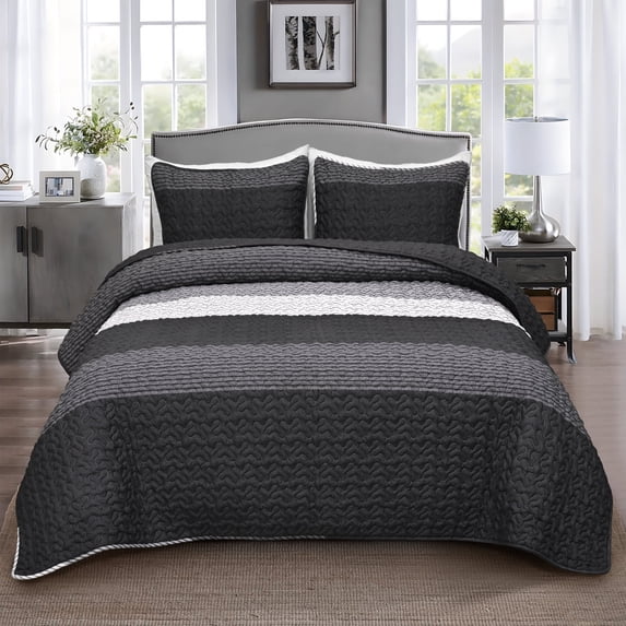 BLEUM CADE Black Quilt Set for King Bed,3 Pieces Lightweight Reversible Quilt Bedspread for All-Season,Handblock Striped Quilt Coverlet Machine Washable