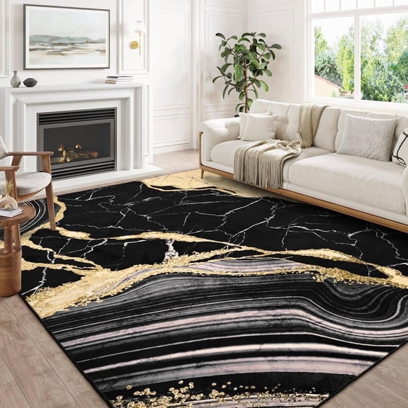 Bleum Cade Area Rugs for Living Room 3X5 Machine Washable Rugs Marble Swirl Abstract Rug Indoor Carpet, Soft Lightweight Non Slip Large Rug for Bedroom Dining Room,Black Gold