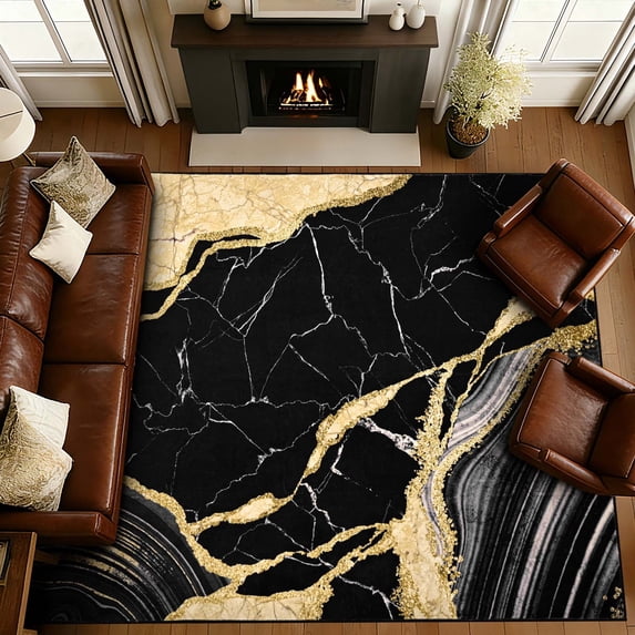 Bleum Cade 8'x10' Area Rugs for Living Room, Washable Rugs Modern Rugs for Bedroom Dinning Room,Marble Abstract Rug Ultra Soft Non Slip Durable Large Carpet Home Decor, Black Gold