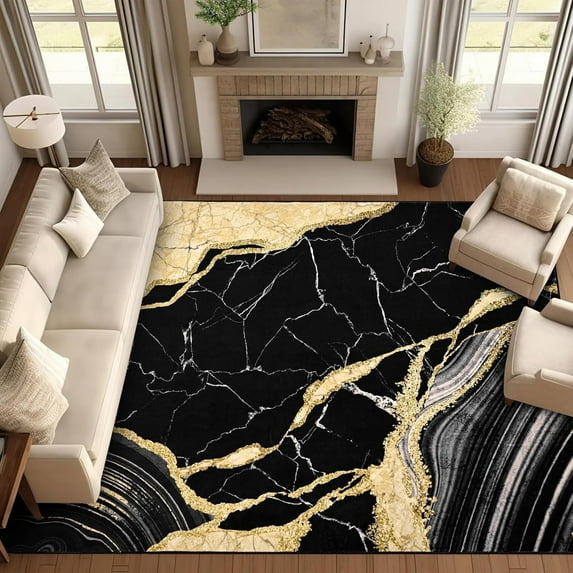 Bleum Cade 8'x10' Area Rugs for Living Room, Washable Rugs Modern Rugs for Bedroom Dinning Room,Marble Abstract Rug Ultra Soft Non Slip Durable Large Carpet Home Decor, Black Gold