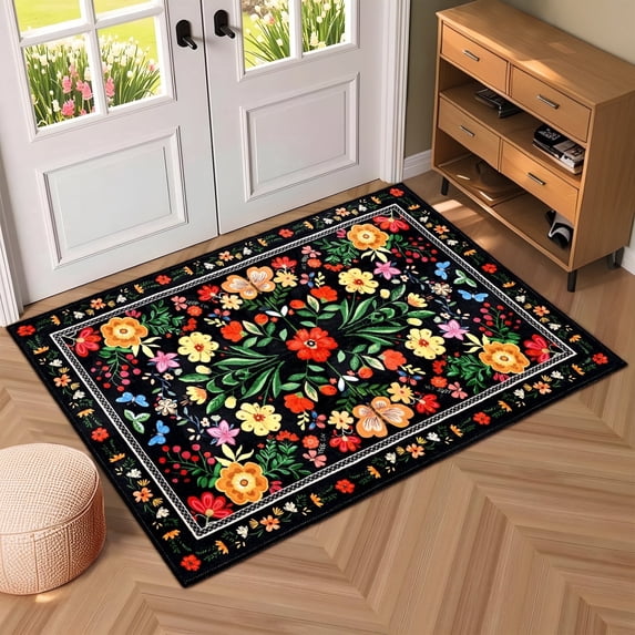 Bleum Cade Area Rugs for Doormat 2X3,Spring Boho Floral Rug, Machine Washable Non Slip Welcome Mat, Low Pile Carpet for Entryway, Kitchen, Front Door Indoor Entrance,Black