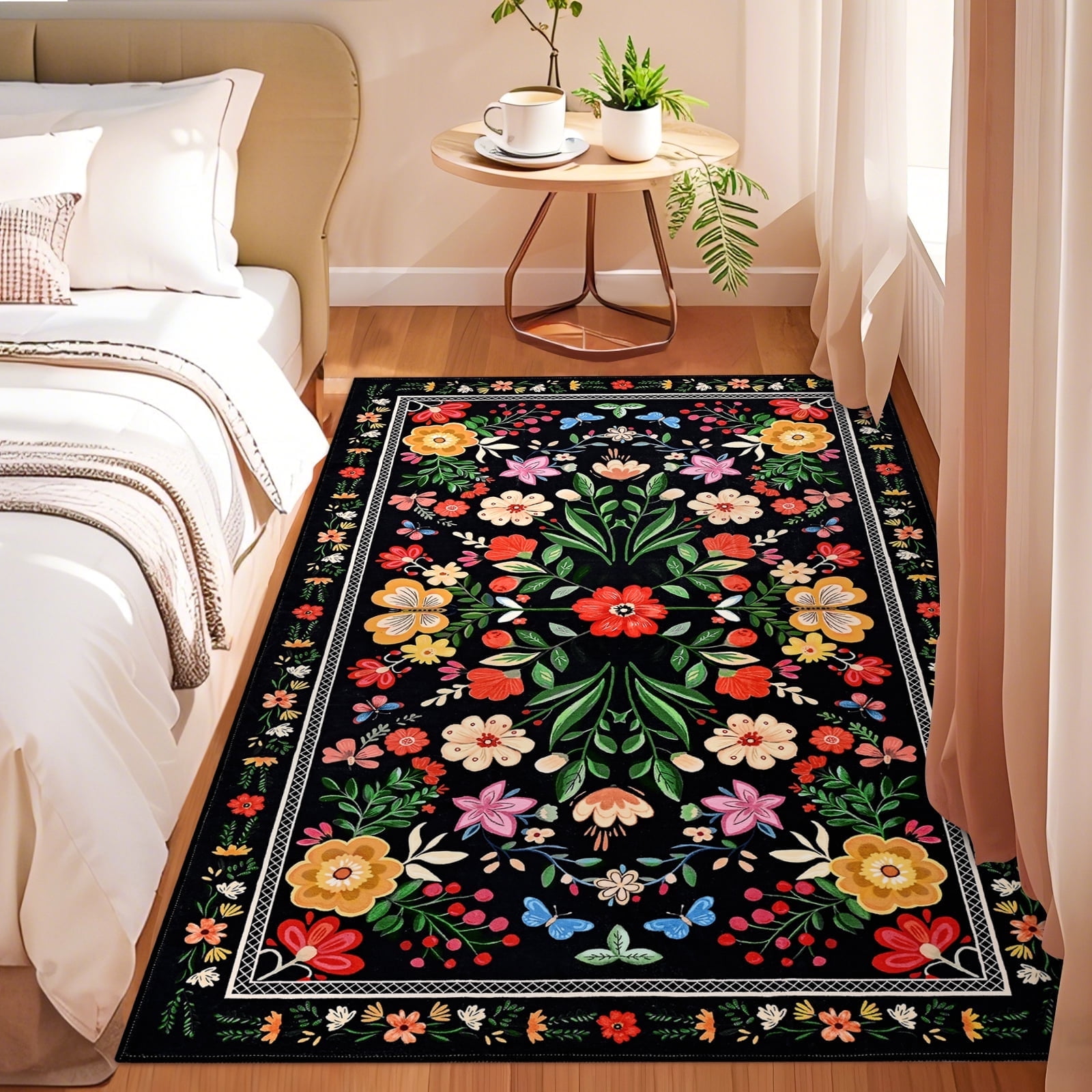 Bleum Cade Washable Rug, Bohemian Floral 3x5 Area Rug, Non-Slip Soft ...
