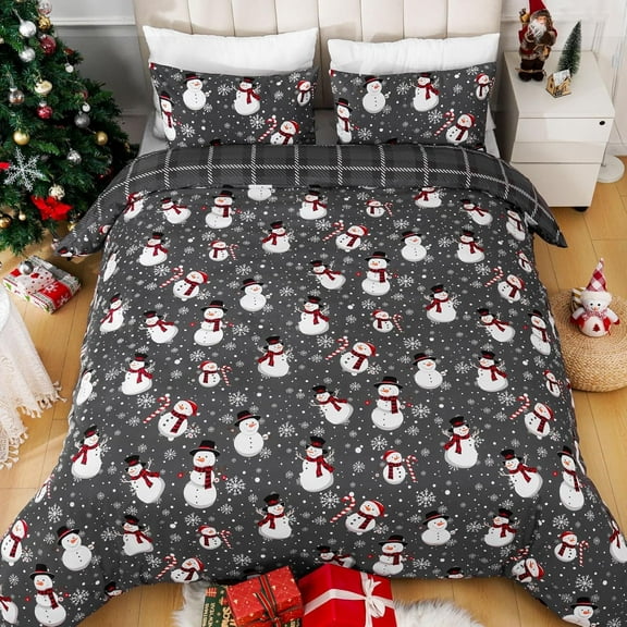 BLEUM CADE 3 Pieces Christmas Duvet Cover Set Queen Size,Snowman Snowflakes Comforter Cover Set,Gray Xmas Bedding Set with Zipper Closure