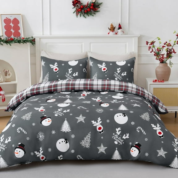 BLEUM CADE Christmas Duvet Cover Set Snowman Plaid 3 Piece Bedding Set for Double Bed 1 Duvet Cover, 2 Pillow Cover