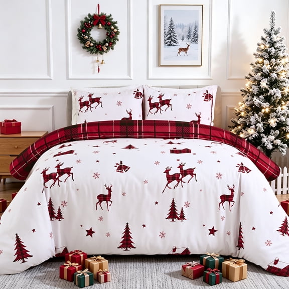 BLEUM CADE Christmas Duvet Cover,Soft Microfiber Comforter Cover Sets,Reindeer Christmas Tree Printed Holiday Theme Bedroom Decorative Bedding (Queen Size, Red Deer Christmas Tree House)