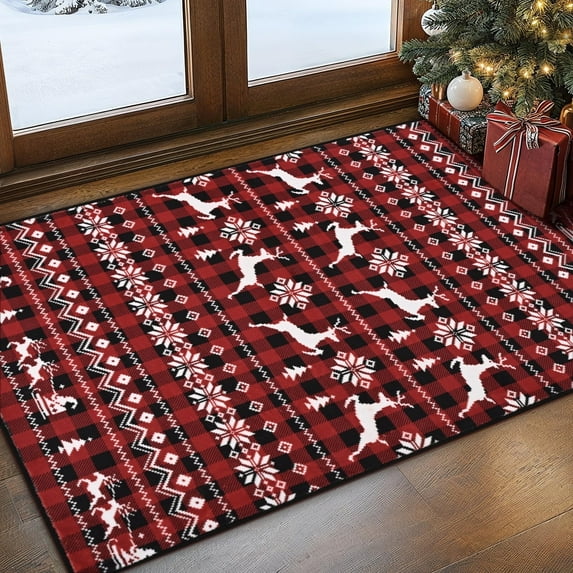 BLEUM CADE Christmas Entryway Rug,Red Buffalo Plaid Area Rugs 2x3,Reindeer Door Mat,Soft Faux Wool Low Pile Rugs Non Slip Washable Rug Indoor Welcome Mat for Entrance