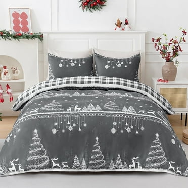 BLEUM CADE Christmas Queen Comforter Set Suit Christmas Tree & Deer Plaid Duvet Cover Set 3 - Piece Bed for Bedroom Set
