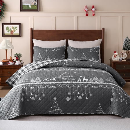 BLEUM CADE Christmas Quilt Set King Size, 3 Pieces Christmas Trees Reversible Quilt Bedding Set,Snowflakes Soft Lightweight Bedspread Coverlet Set (1 Quilt, 2 Pillow Shams)