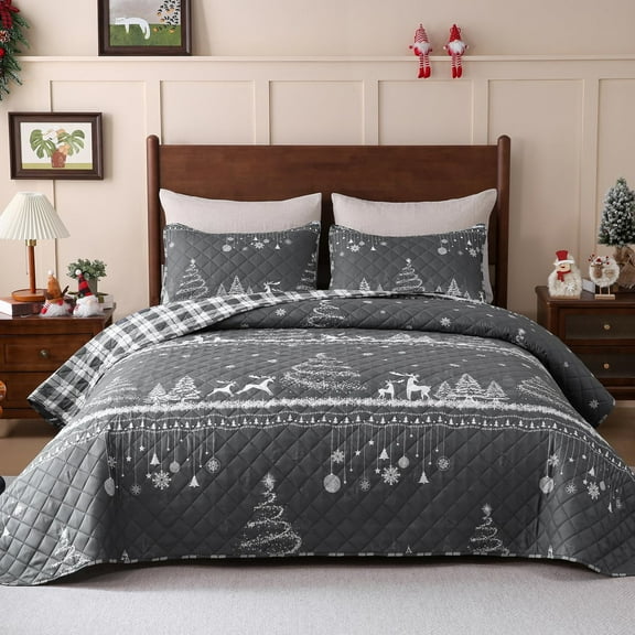 BLEUM CADE Christmas Quilt Set King Size, 3 Pieces Christmas Trees Reversible Quilt Bedding Set,Snowflakes Soft Lightweight Bedspread Coverlet Set (1 Quilt, 2 Pillow Shams)