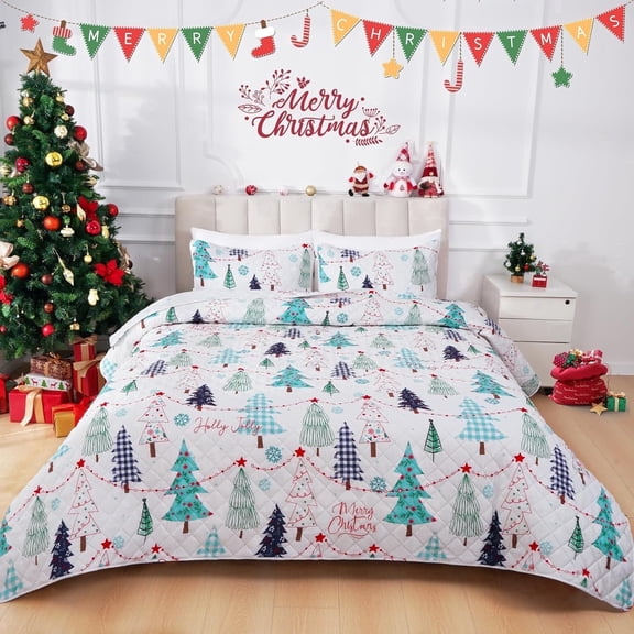 BLEUM CADE Christmas Quilt Set Queen Size, 3 Pieces Holiday Reversible Bedding Set Christmas Trees Snowflakes Quilt Set Soft Lightweight Merry Christmas Bedspread Coverlet Set Queen