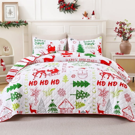 BLEUM CADE Christmas Quilt Sets King Size, 3 Pieces Christmas Tree Snowman Bedspread Coverlet Sets,Reversible Lightweight Xmas Coverlet Bedding Quilts Set(106" x 96")