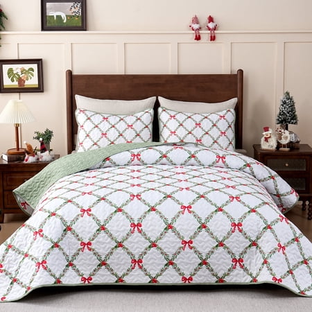 BLEUM CADE Christmas Quilts Queen Size 3 Piece, Bow & Festive Foliage Quilts Bedding Set, Christmas Decor Super Soft Bedspread Coverlet Set (1 Quilt, 2 Pillow Cases)