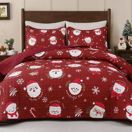 BLEUM CADE Christmas Quilts Queen Size 3 Piece, Santa Claus & Snowflake Quilt Bedding Set, Christmas Decor Soft Lightweight Bedspread Coverlet Set (1 Quilt, 2 Pillow Cases)