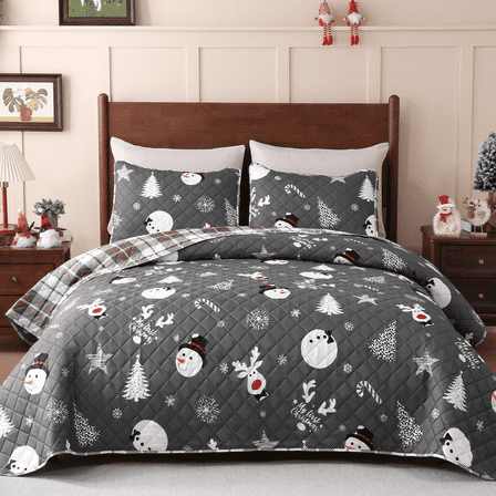 BLEUM CADE Christmas Quilts Sets King Size,3 Pieces Christmas Tree Quilt Bedding Set,Reversible Grey Buffalo Plaid Comforter Sets, Soft Lightweight Xmas Bedspread Coverlet, 106" x 96"