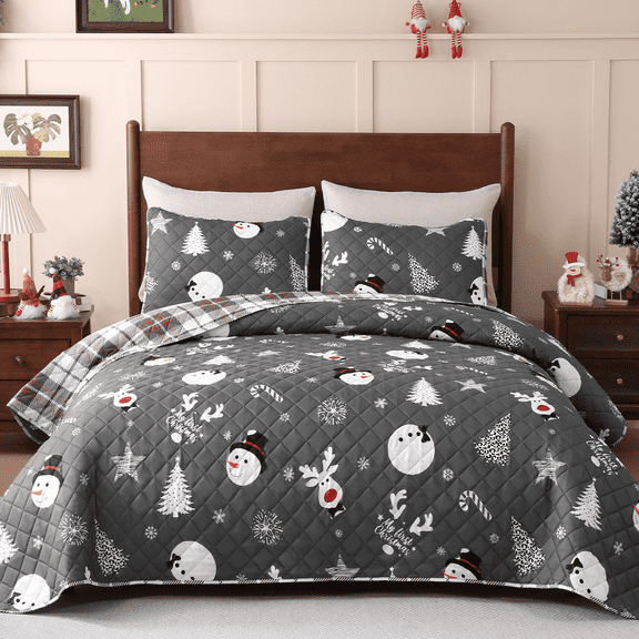 BLEUM CADE Christmas Quilts Sets King Size,3 Pieces Christmas Tree Quilt Bedding Set,Reversible Grey Buffalo Plaid Comforter Sets, Soft Lightweight Xmas Bedspread Coverlet, 106" x 96"