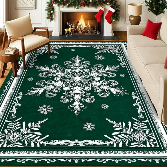 BLEUM CADE Christmas Snowflake 3x5 Area Rugs for Living Room,Non Slip Washable Rugs Low Pile Floor Mat Carpet,Holiday Christmas Decorations,Green