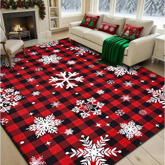 Bleum Cade Christmas Snowflake 3x5 Area Rugs for Living Room,Non Slip Washable Rugs,Red Buffalo Plaid Rugs for Bedroom,Low Pile Carpet for Dinning Room,Christmas Decorations