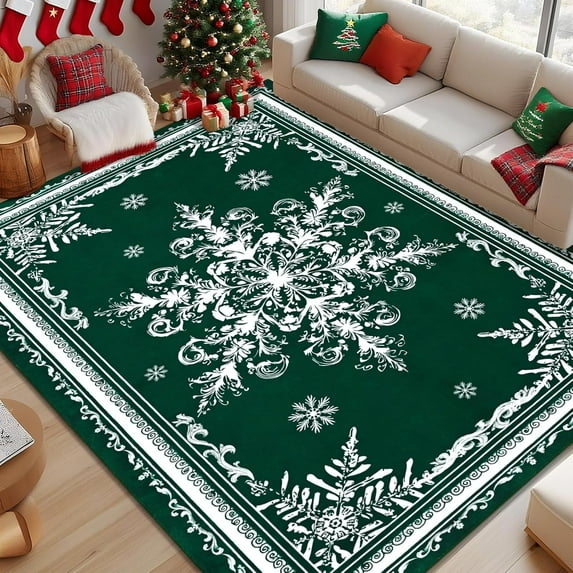 BLEUM CADE Christmas Snowflake 5'x7' Area Rugs for Living Room, Washable Rugs for Bedroom Dinning Room,Ultra Soft Non Slip Durable Large Carpet Christmas Decorations,Green