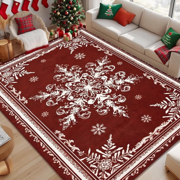 BLEUM CADE Christmas Snowflake 5'x7' Area Rugs for Living Room, Washable Rugs for Bedroom Dinning Room,Ultra Soft Non Slip Durable Large Carpet Christmas Decorations,Red